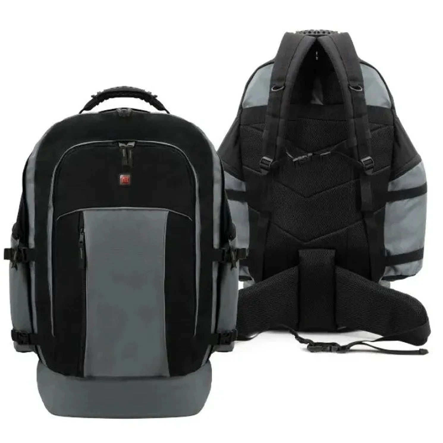 תיק גב SWISS STAR 90L אפור בתצוגה משולבת של מבט חזית ומבט גב עם רצועות תמיכה אורתופדיות