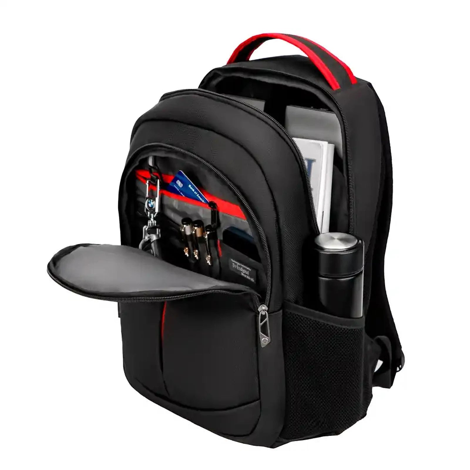 תיק גב SwissDigital HEMET SD733 פתוח מהצד עם ארגונייזר, מפתחות, כרטיס אשראי ובקבוק מים בכיס הרשת הצדדי
