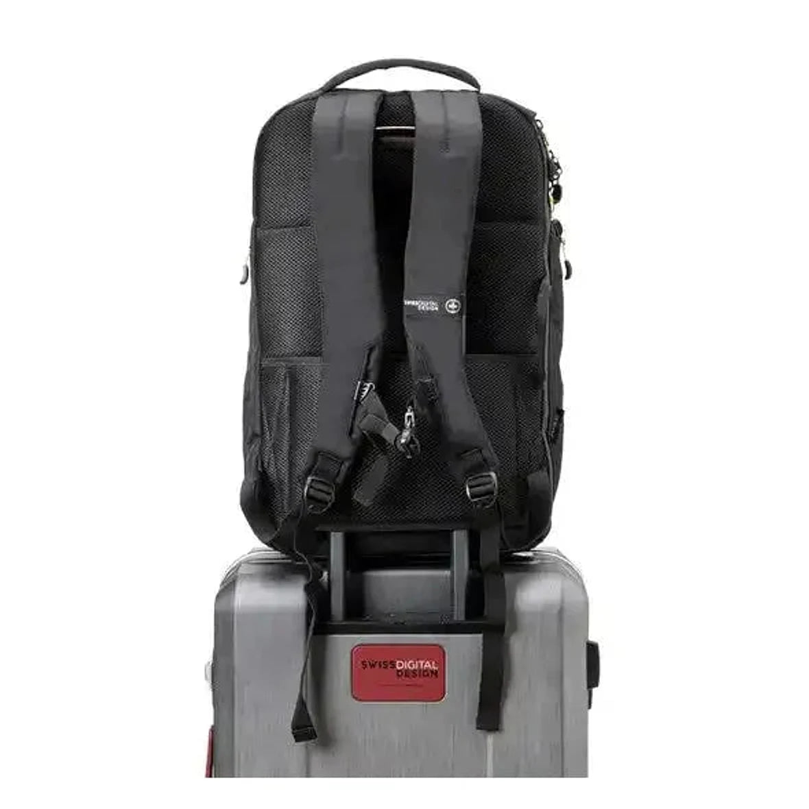 גב ארגונומי של SwissDigital JAVA SD805 עם רצועת הלבשה על מזוודת טרולי, גב מרופד Lumar