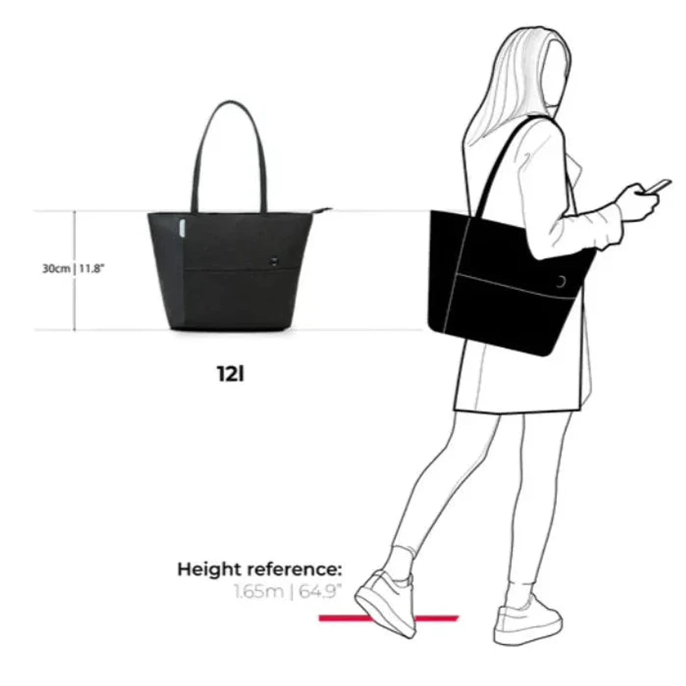 תרשים מידות של תיק נשיאה SwissDigital TOTE SD-880 בנפח שנים עשר ליטר וגובה שלושים סנטימטר
