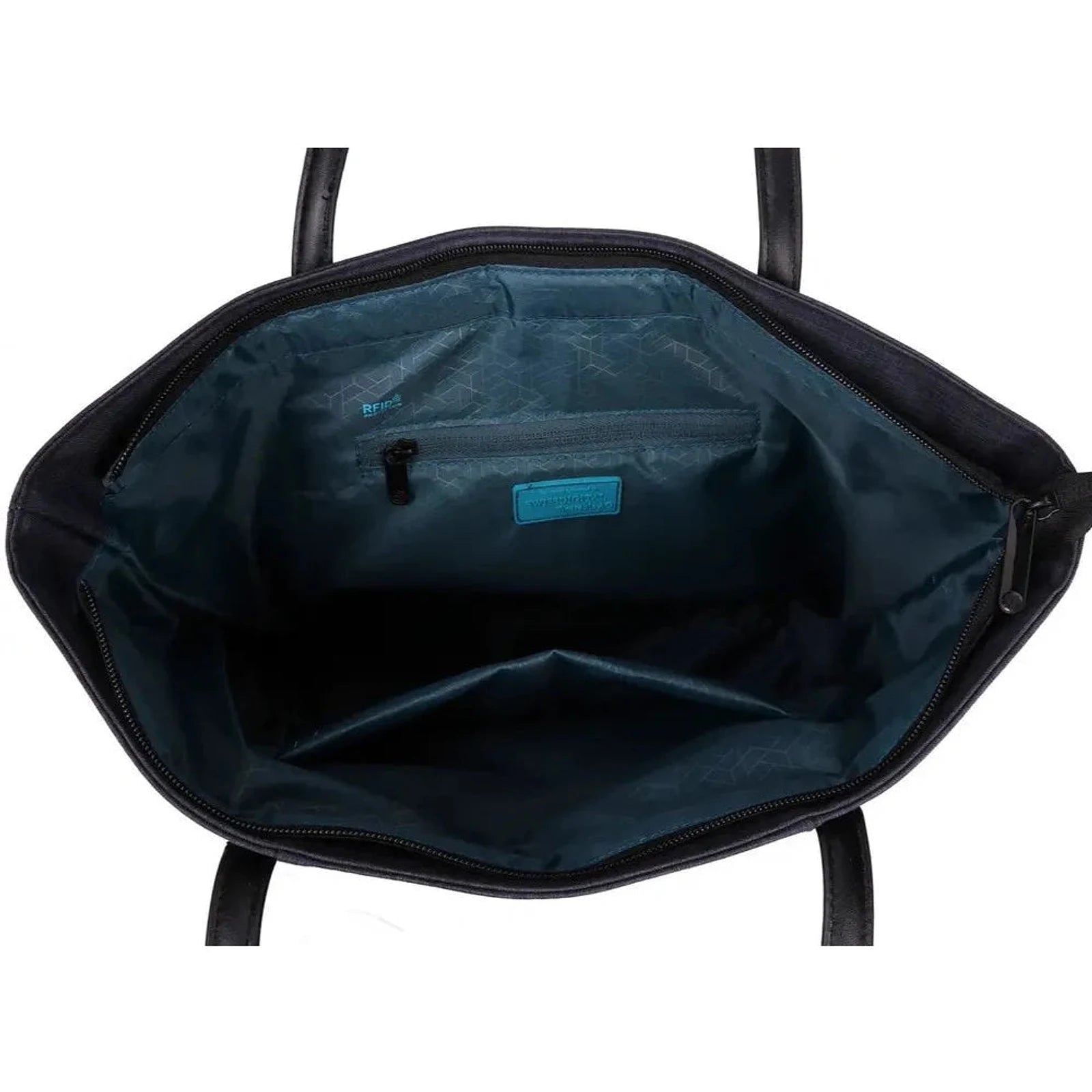 תיק נשיאה SwissDigital TOTE SD-880 מבט פנימי עם בטנה כחולה והגנת RFID מובנית מפני קריאת כרטיסי אשראי