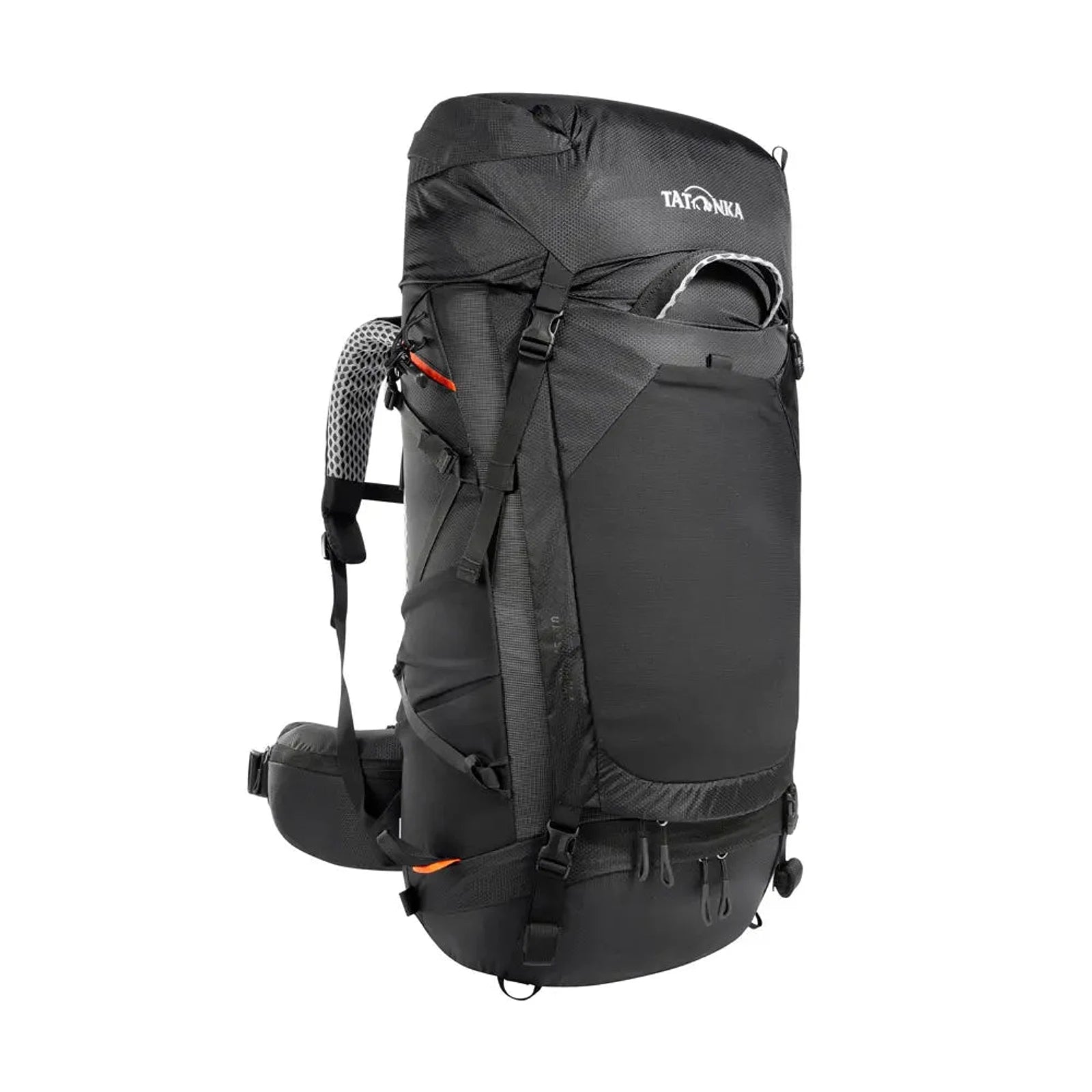 תרמיל טיולים TATONKA Pyrox 45+10 בצבע שחור, נפח 55 ליטר עם מערכת Frame Comfort Light, מבט בזווית