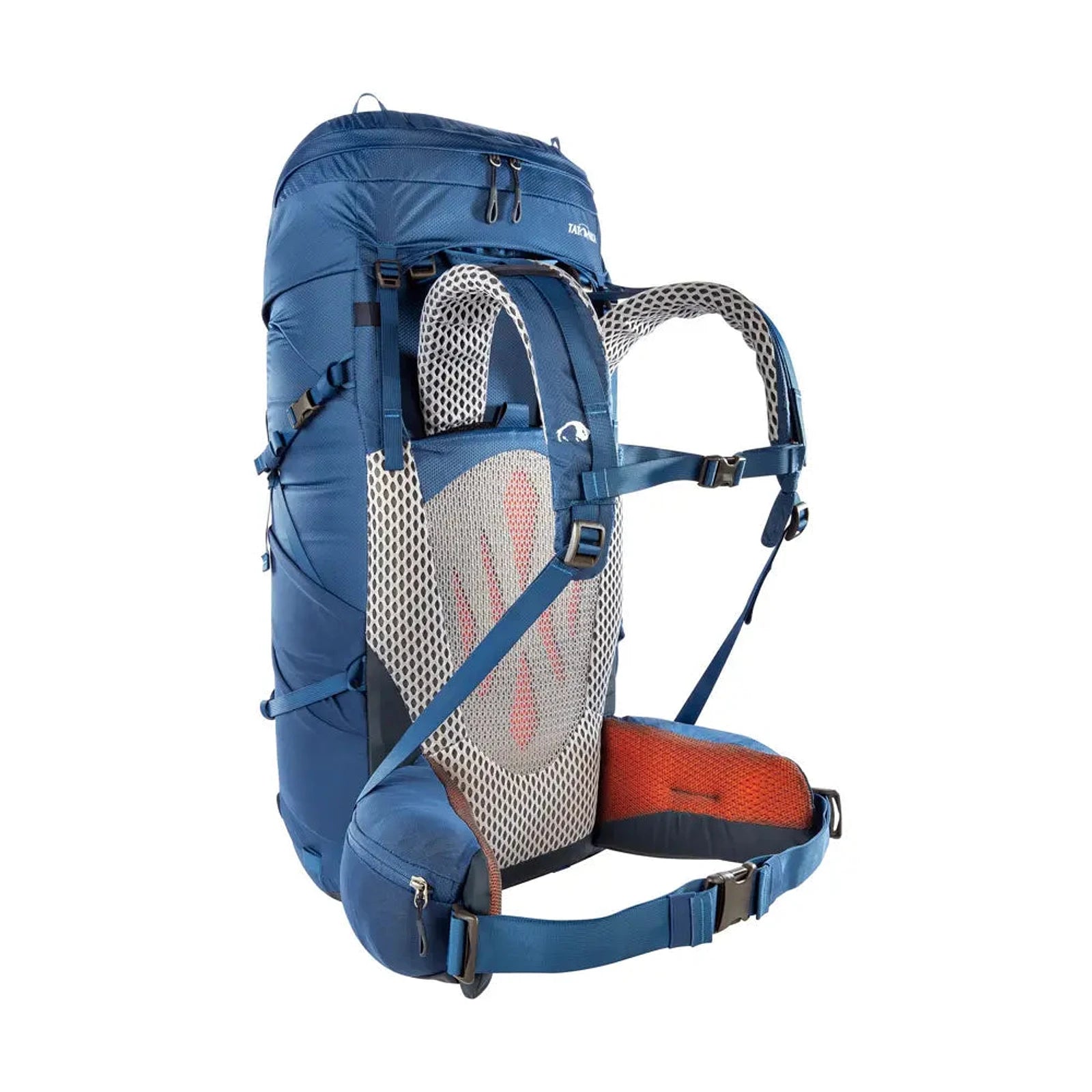 תרמיל טיולים וטרקים TATONKA Pyrox 45+10 בצבע כחול, מבט צדדי עם רתמת כתפיים ורצועת מותן