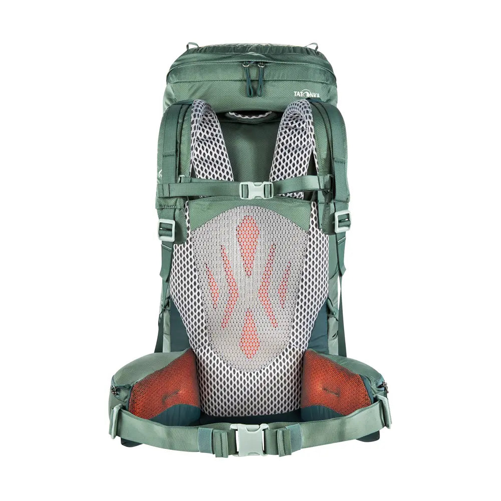תרמיל גב לטרקים TATONKA Pyrox 45+10 בצבע ירוק, מערכת גב Frame Comfort Light עם רצועת מותן מרופדת