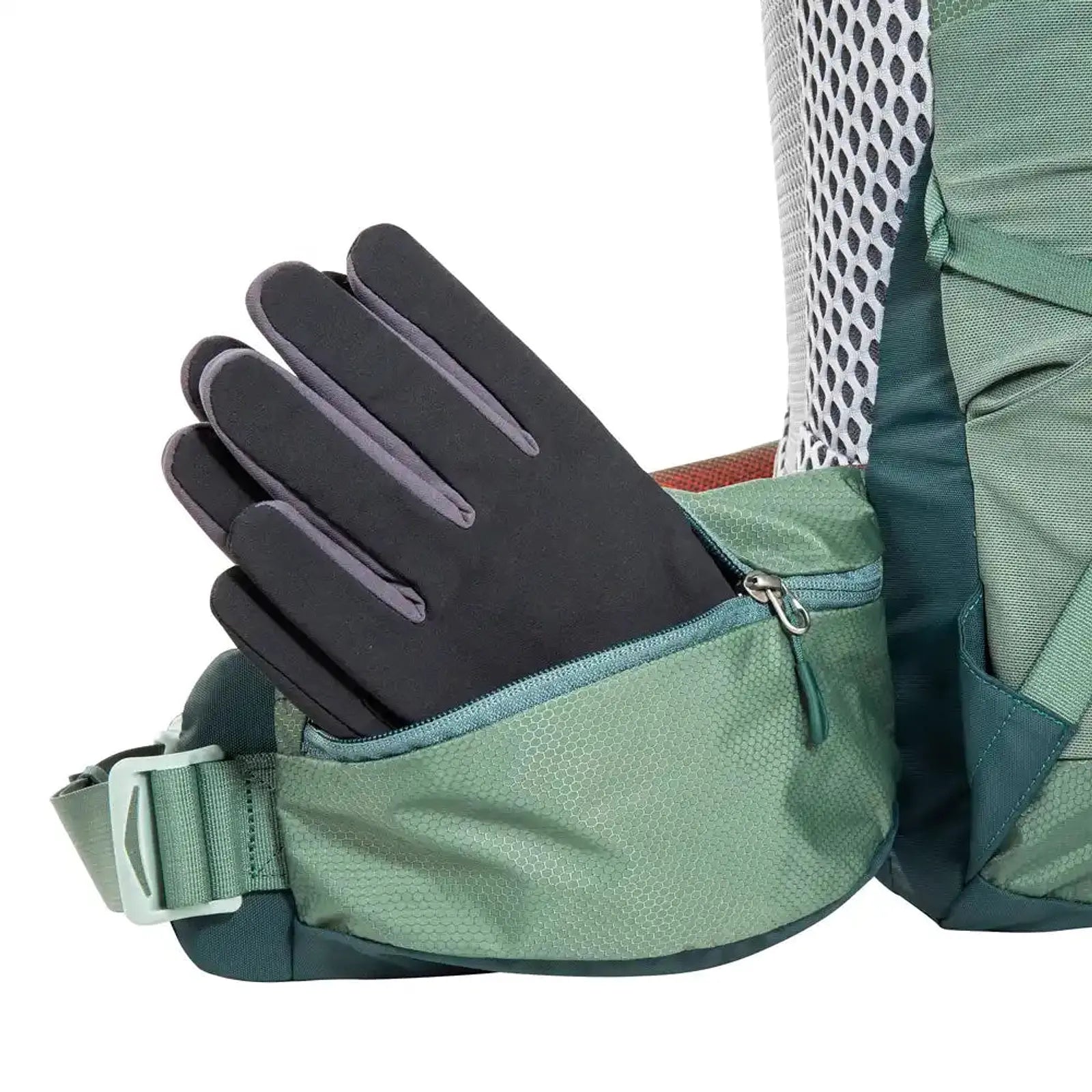 תרמיל טיולים TATONKA Pyrox 45+10 בצבע ירוק, כיס אחסון על רצועת המותן עם כפפות ציוד בגישה מהירה