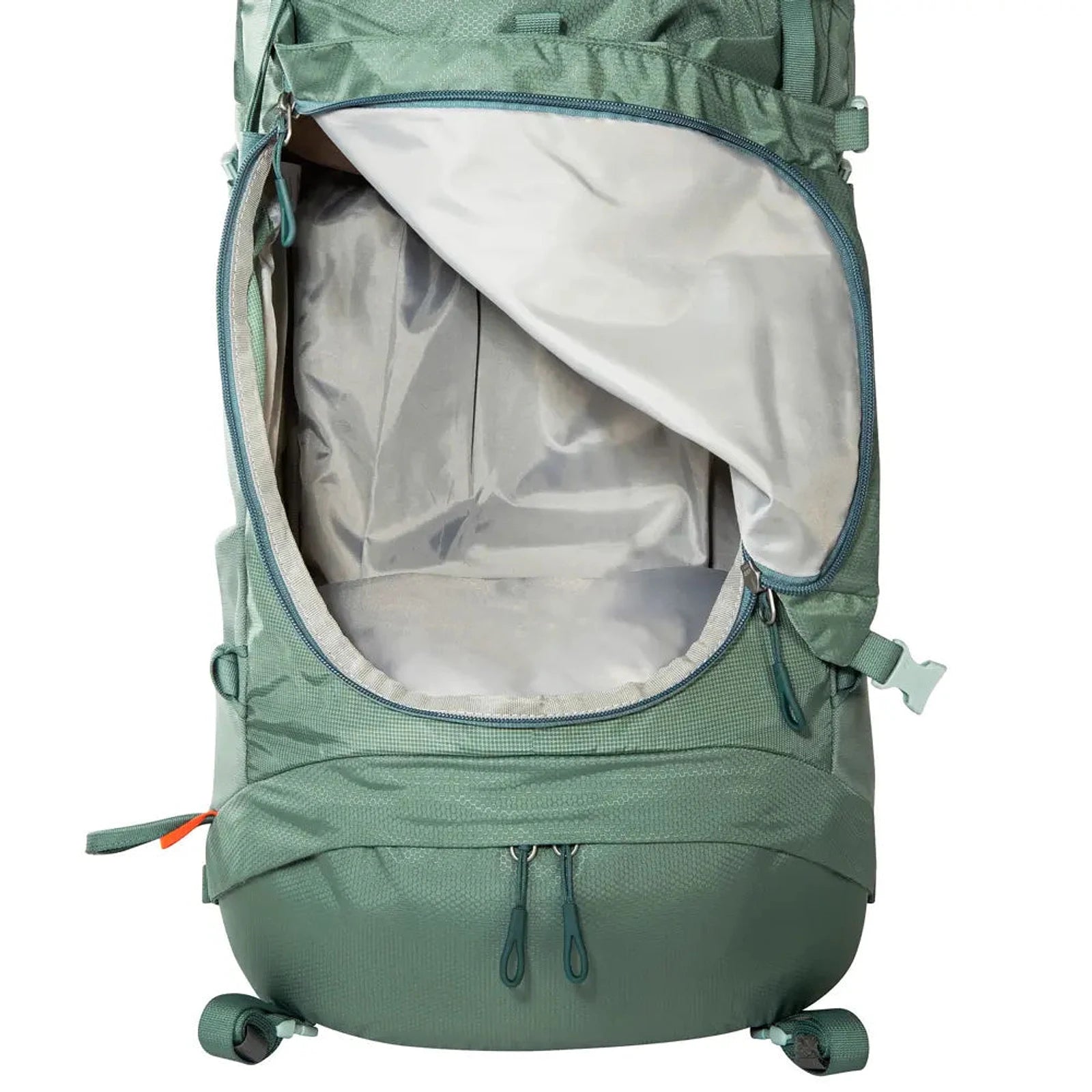 תרמיל טרקים TATONKA Pyrox 45+10 בצבע ירוק, תא ראשי פתוח מלמעלה עם סגירת רוכסן YKK כפולה