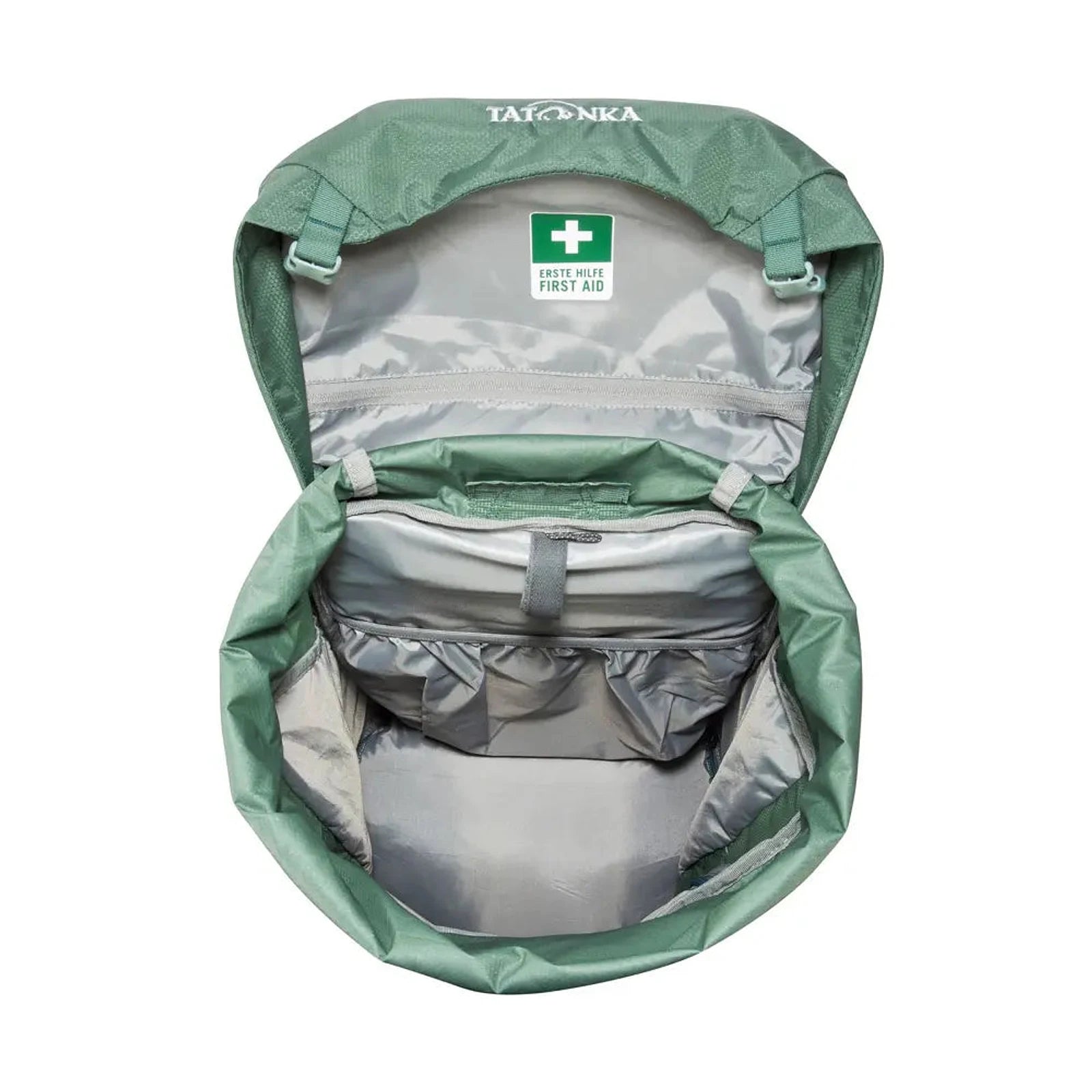 תרמיל טרקים TATONKA Pyrox 45+10 בצבע ירוק, תא עלי פתוח עם תא עזרה ראשונה ייעודי פנימי