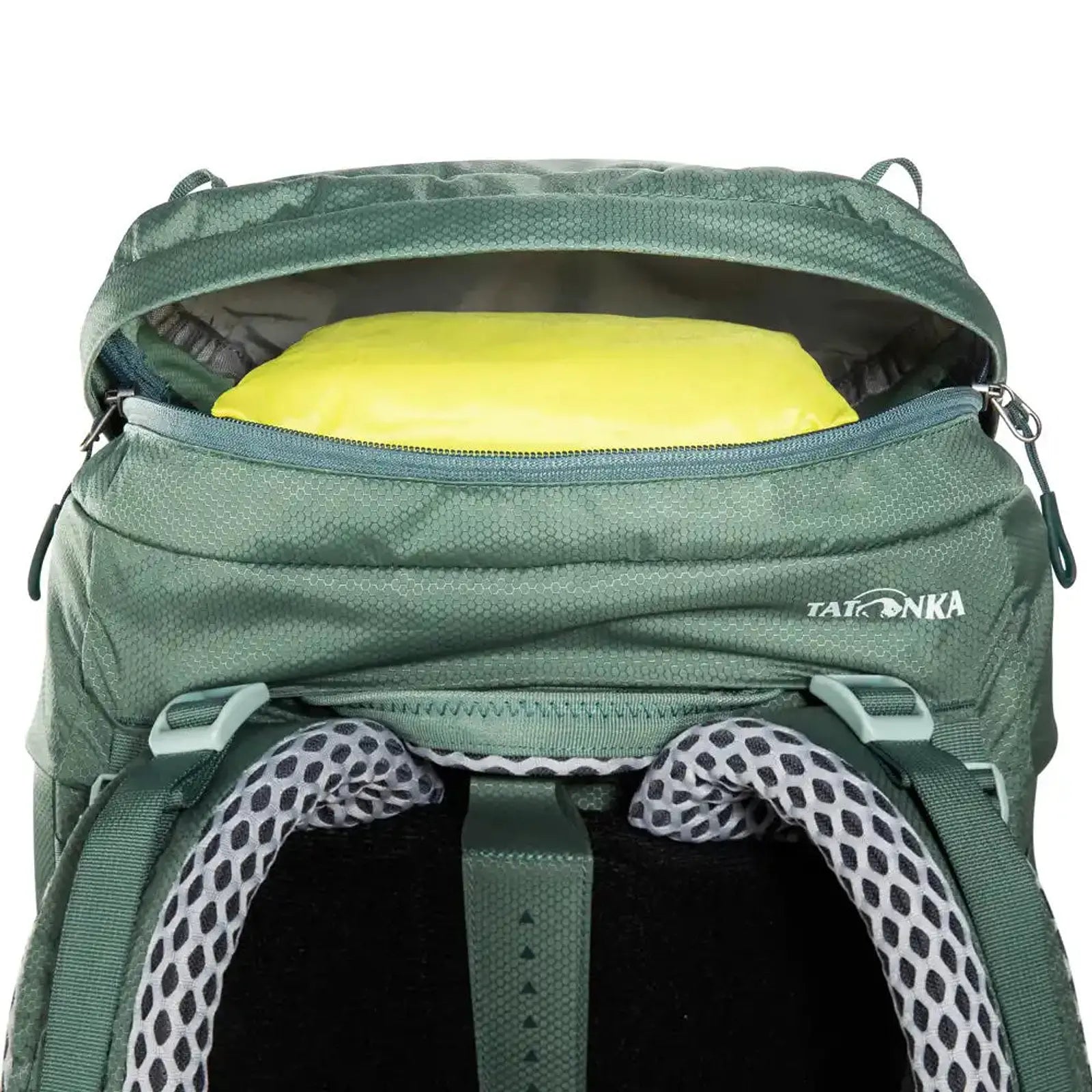 תרמיל טרקים TATONKA Pyrox 45+10 בצבע ירוק, תא עלי פתוח עם אחסון שק ציוד צהוב פנימי