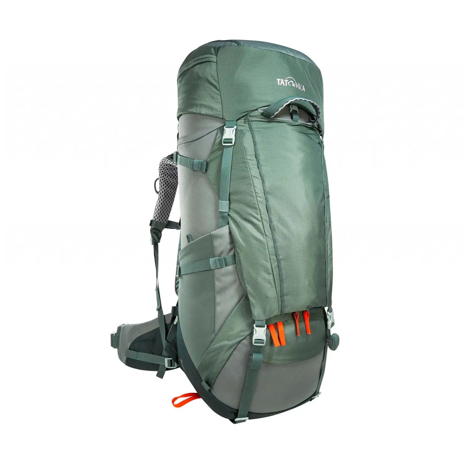 תרמיל טרקים נשים TATONKA Yukon 60+10 ליטר בצבע ירוק, מבד Cordura 500 DEN עמיד, מבט קדמי בזווית