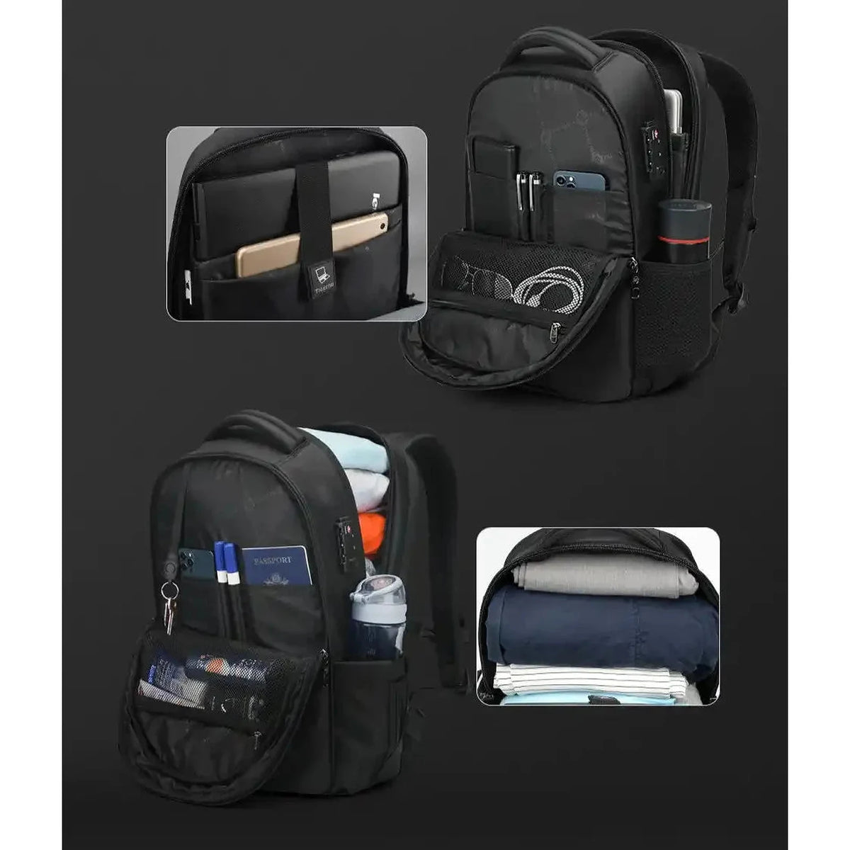 תאי ארגון פנימיים פתוחים של תיק גב Tigernu 17 אינץ׳ עם iPad טלפון דרכון ובגדים מקופלים