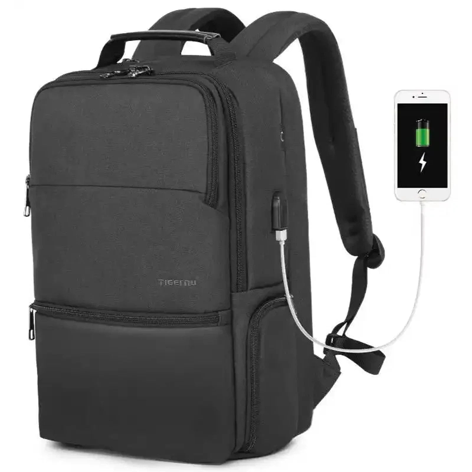 תיק גב Tigernu 19 אינץ׳ שחור מקדימה עם שקע USB חיצוני וטלפון מחובר לטעינה תוך כדי הליכה