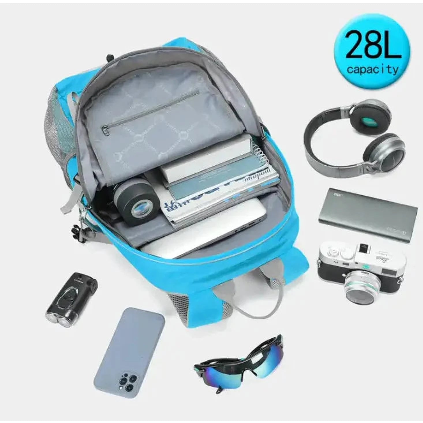 תרמיל נסיעות Tigernu Casual Sport T-B9500 נפח 28 ליטר, הדגמה לקיבולת מחשב נייד אוזניות ומצלמה בצבע תכלת
