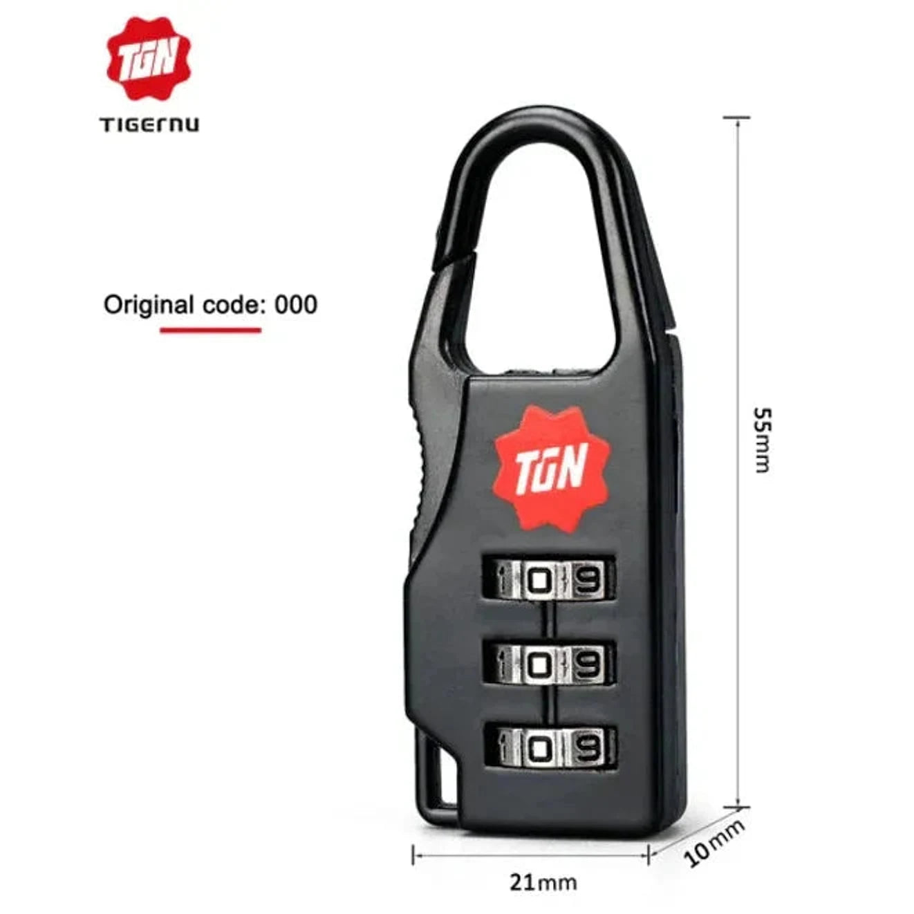 מנעול קומבינציה Tigernu שחור עם מידות 55×21×10 מ"מ, קוד ברירת מחדל 000, מתאים לארוניות, מבט צד