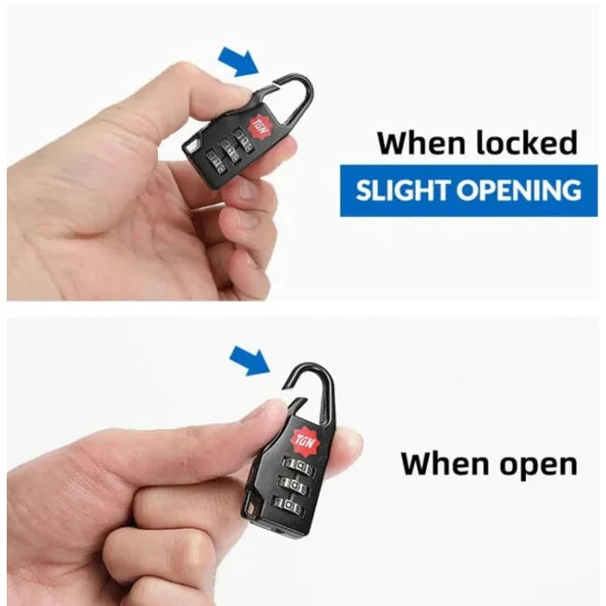 הדגמת מנעול קומבינציה 3 ספרות Tigernu: מצב נעול לעומת מצב פתוח ביד, קל לתפעול ואינו דורש מפתח