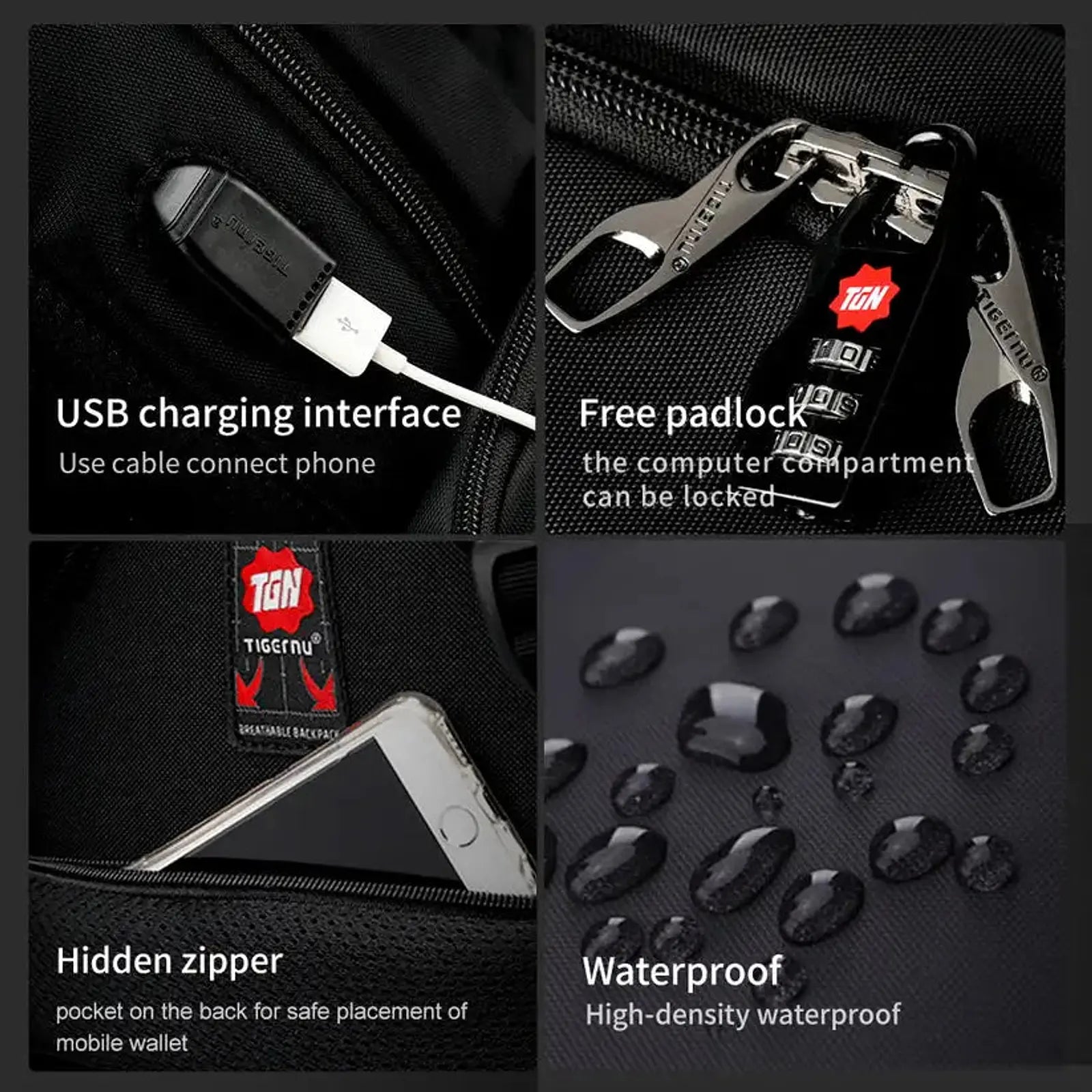 תיק גב Tigernu Office T-B3143U תכונות עיקריות שקע USB מנעול משולב כיס נסתר ובד עמיד במים למחשב נייד