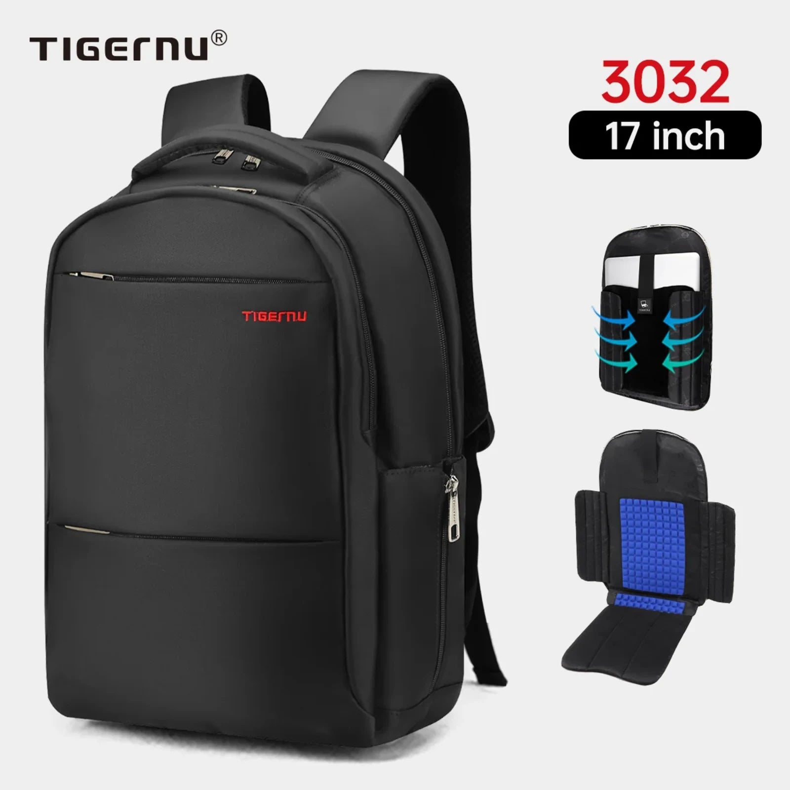 תיק גב Tigernu דגם Casual Business T-B3032A למחשב נייד 17 אינץ' עם כרית גב מאווררת ומנעול מתנה