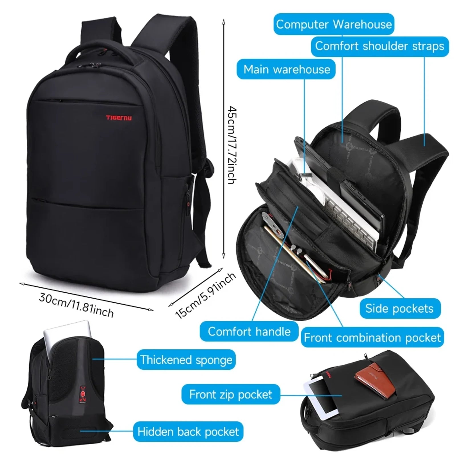 פריסת התאים הפנימיים של תיק גב Tigernu דגם Casual Business T-B3032A למחשב נייד 17 אינץ' - תא מחשב, תא ראשי, כיסי צד וכיס אחורי נסתר
