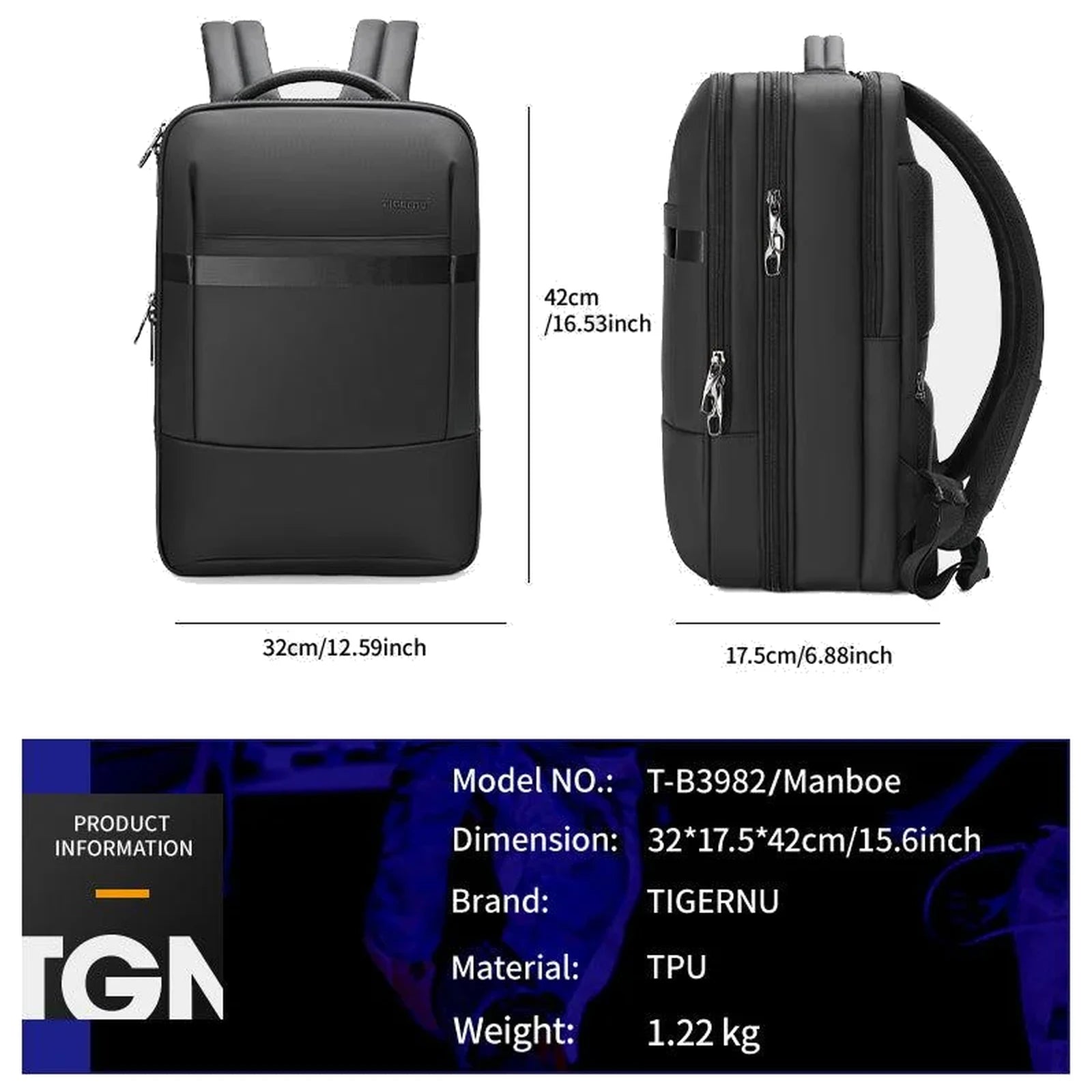 כרטיס המפרט של תיק גב Tigernu דגם T-B3982 למחשב נייד 15.6 אינץ' - מידות 32x17.5x42 ס״מ, חומר TPU ומשקל 1.22 ק״ג