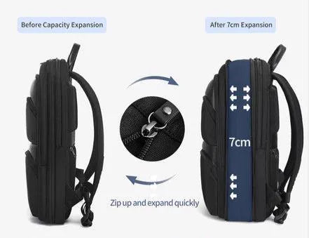 תרשים הממחיש את רוכסן ההרחבה של תיק גב Tigernu T-B9121, הגדלת נפח ב-7 ס"מ לתוספת 8 ליטר לאחסון נוסף