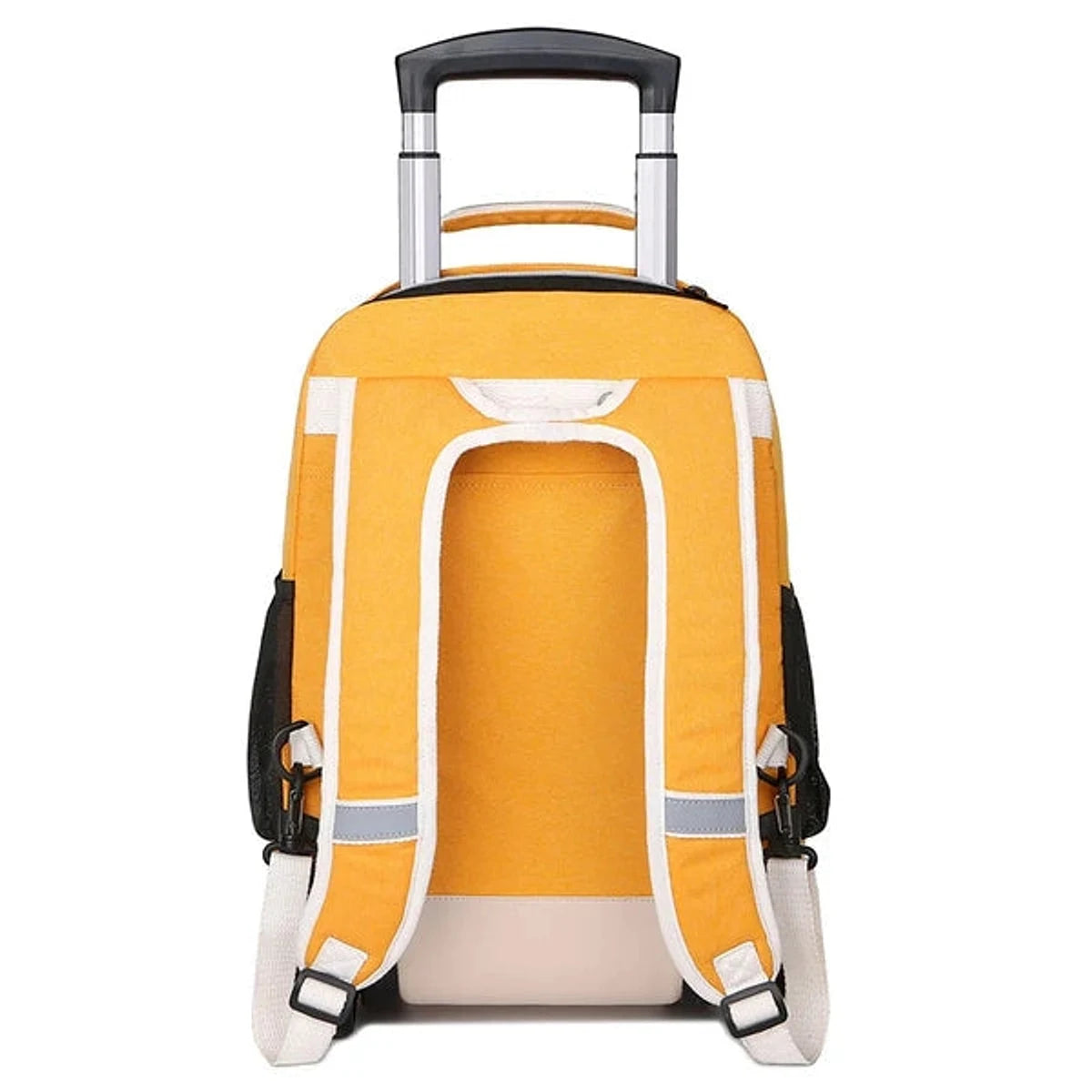 מבט אחורי על תיק גב טרולי AIR ROLL הצהוב עם רצועות כתף מרופדות, פסים מחזירי אור וידית טרולי נשלפת