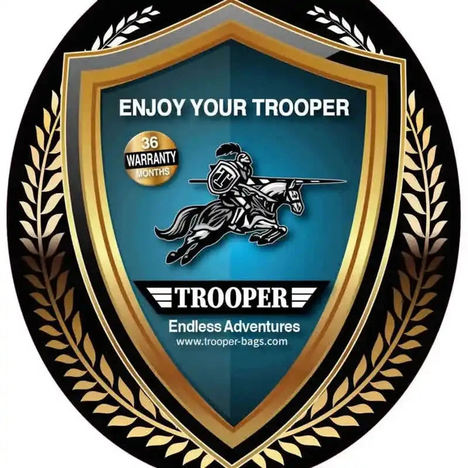 סמל אחריות יצרן רשמית TROOPER Missouri לסט מזוודות קשיחות ABS, מגן לוגו עם אביר ולוגו המותג Endless Adventures