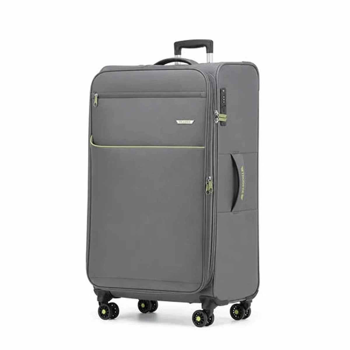 מזוודת TROOPER Montreal B-lite II גדולה 28 אינץ' צבע אפור עם פרטי ירוק, בד פוליאסטר קשיח, אולטרה לייט 2.9 ק"ג בלבד