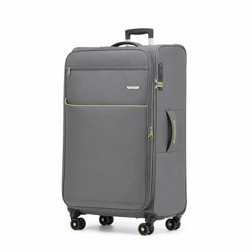 מזוודת TROOPER Montreal B-lite II גדולה 28 אינץ' צבע אפור עם פרטי ירוק, בד פוליאסטר קשיח, אולטרה לייט 2.9 ק"ג בלבד