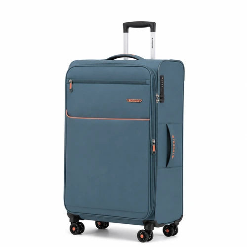 מזוודת TROOPER Montreal B-lite II גדולה 28 אינץ' תכלת עם פסי כתום, נפח מתרחב עד 120 ליטר, רוכסן הרחבה ומשקל 2.9 ק"ג