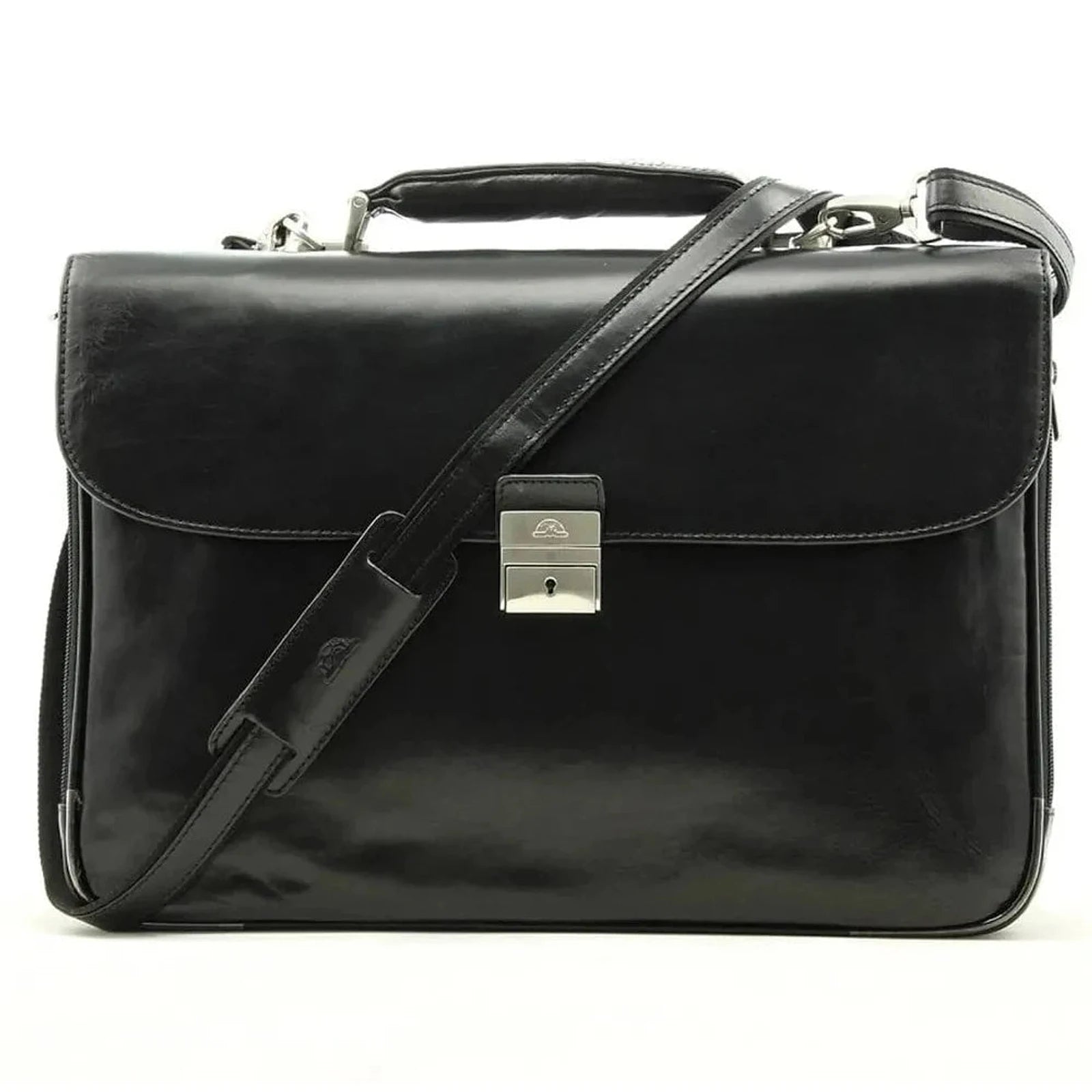 תיק עור אלגנטי TRUSSARDI Vittorio בצבע שחור, עשוי עור איטלקי קשיח, עם רצועת כתף נשלפת לאנשי עסקים