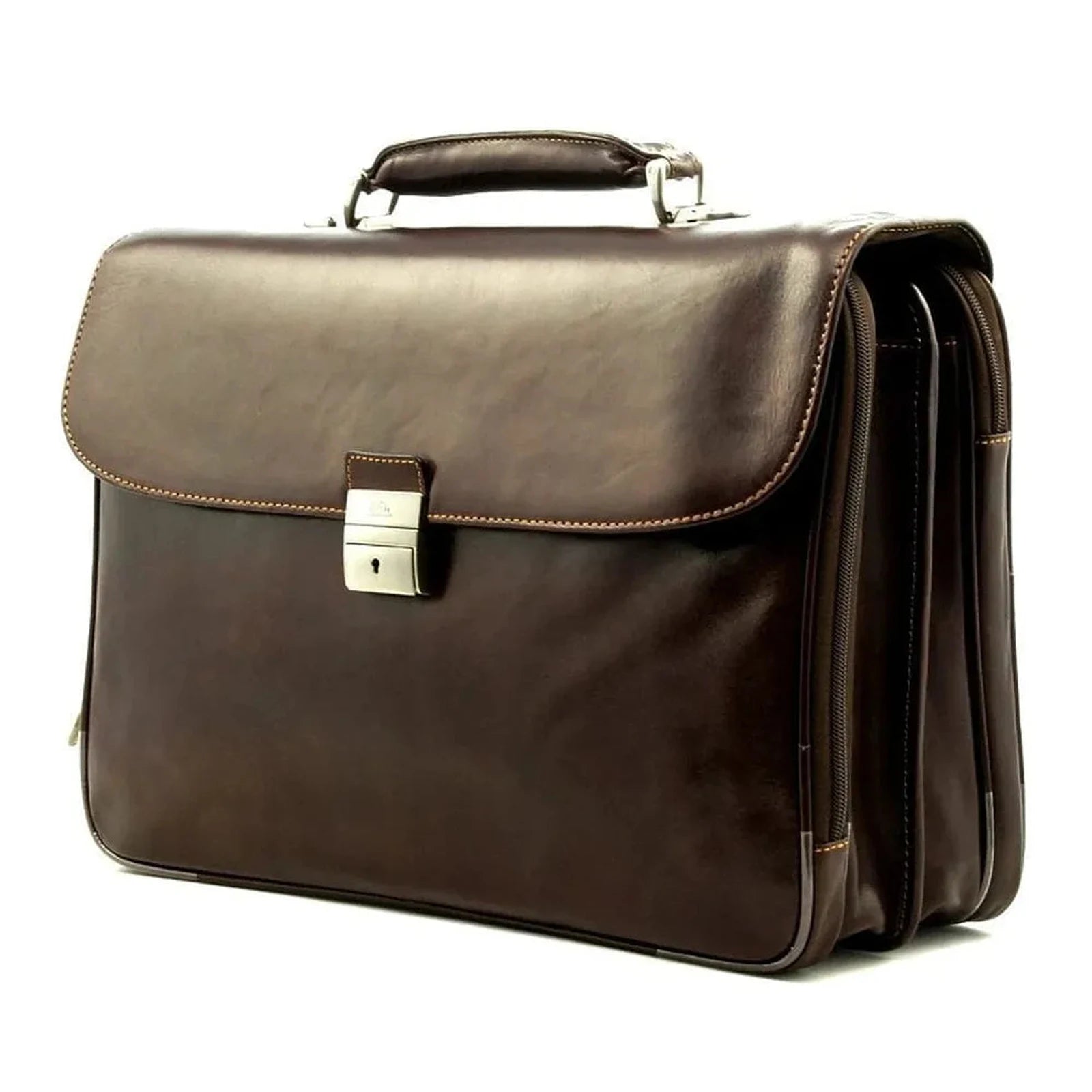 תיק עור ברידג' איטלקי TRUSSARDI Vittorio בצבע חום, עשוי עור אמיתי קשיח, מבט שלושה רבעי לעסקים