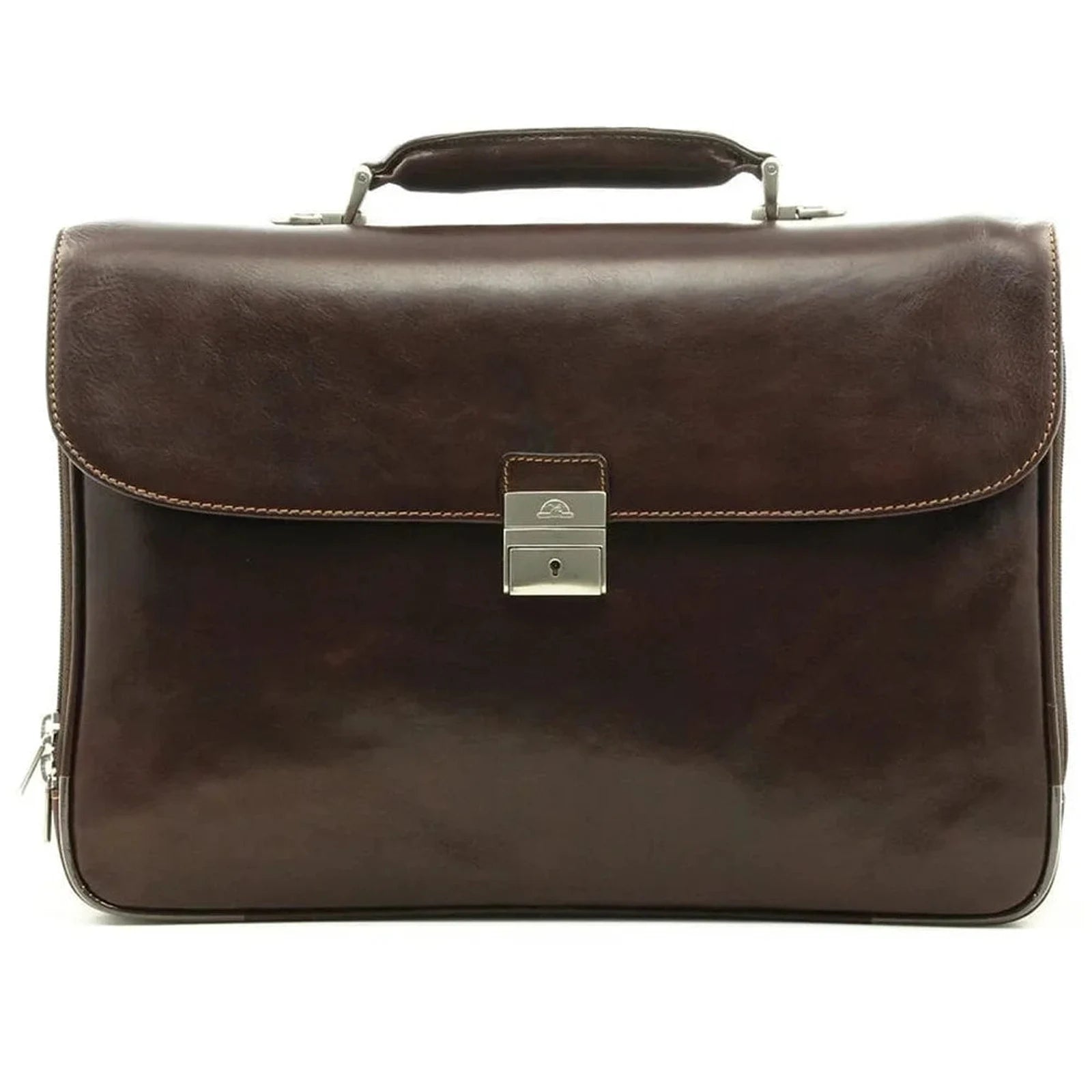 תיק עור ברידג' איטלקי TRUSSARDI Vittorio בצבע חום, עשוי עור אמיתי, מבט חזית עם סגר מנעול ותפרים מוקפדים