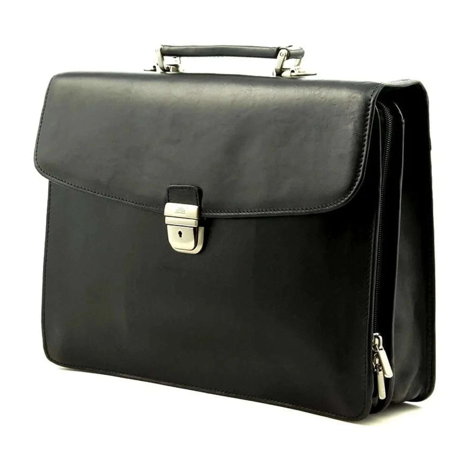 תיק עור לגבר TRUSSARDI דגם Vittorio Roma בצבע שחור, עשוי עור איטלקי אמיתי עם מנעול מתכת, מבט בזווית