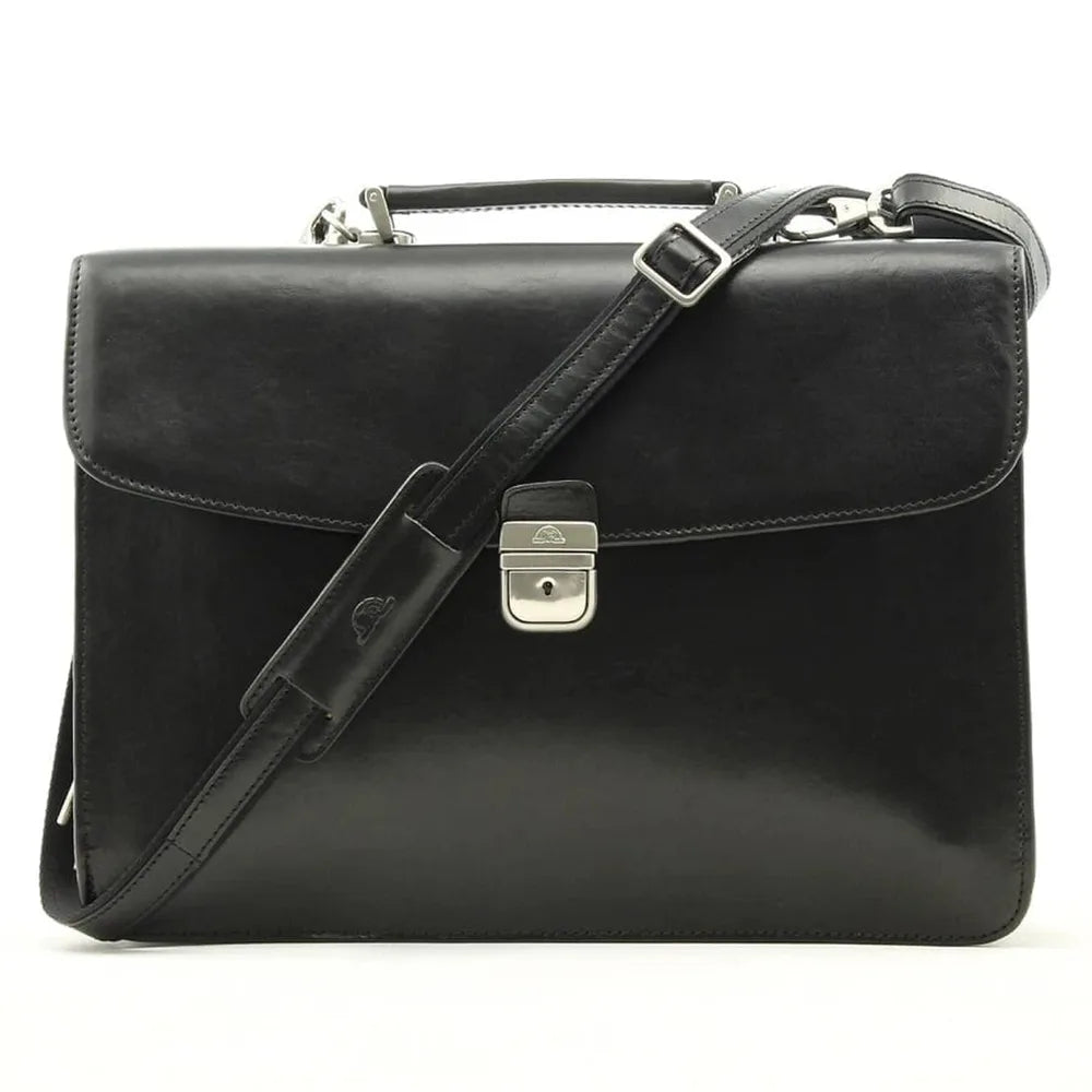 תיק עור TRUSSARDI Vittorio Roma בצבע שחור עם רצועת כתף מתכווננת נשלפת, עשוי עור איטלקי אמיתי, מבט מלפנים