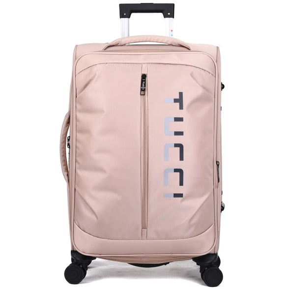מזוודת בד TUCCI LEGGERO 28 אינץ׳ ורוד בז', מבט קדמי, בד אוקספורד עם לוגו TUCCI אנכי וגלגלי ספינר כפולים