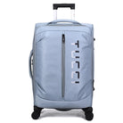 מזוודת בד TUCCI LEGGERO 28 אינץ׳ אפור בהיר, מבט קדמי, בד אוקספורד עם לוגו TUCCI אנכי וגלגלי ספינר כפולים