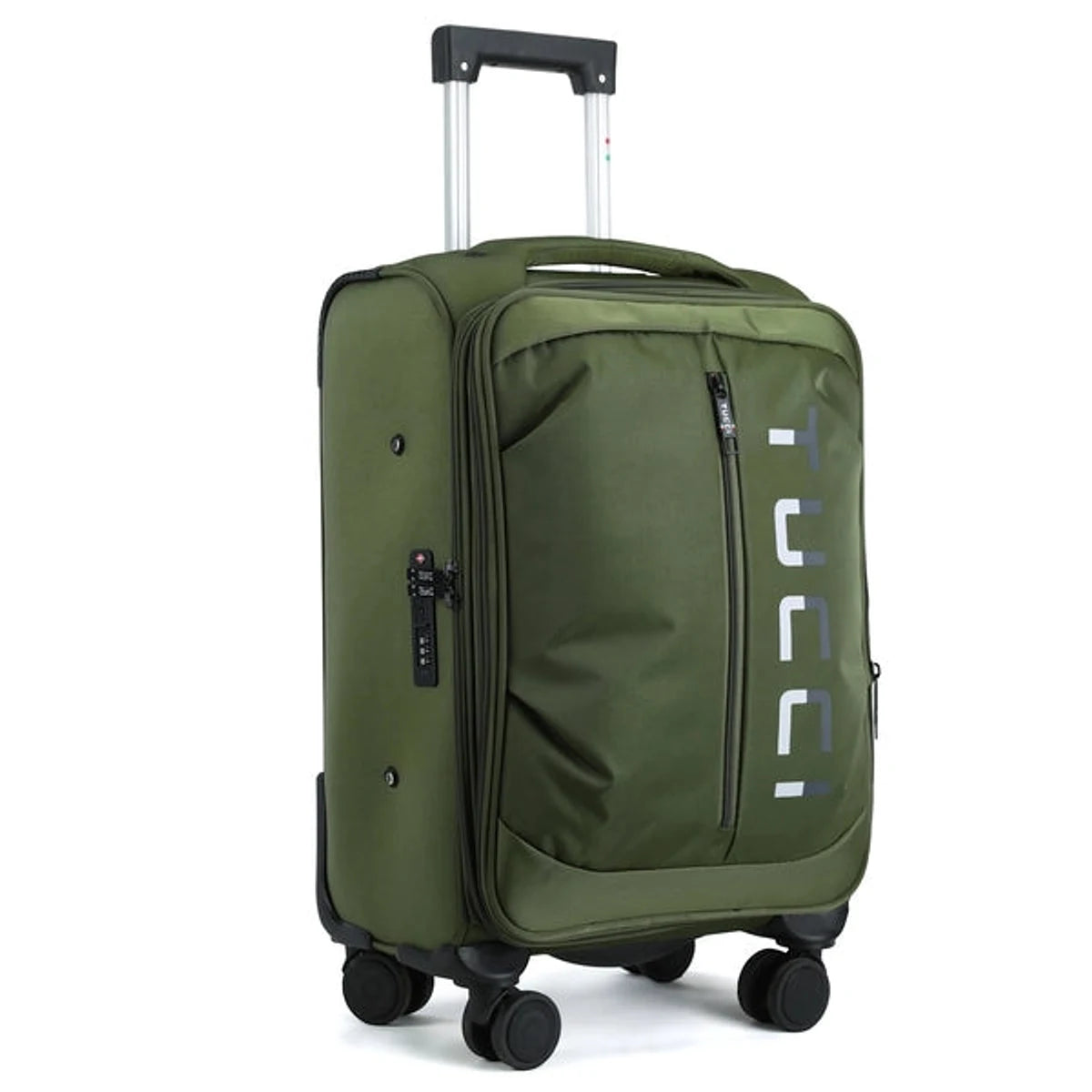 מזוודת בד TUCCI LEGGERO 28 אינץ׳ ירוק זית, זווית קדמית עם ידית טלסקופית פרוסה עם לוגו TUCCI