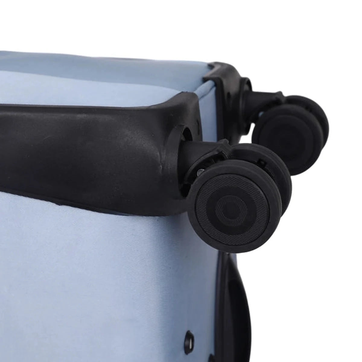 תקריב גלגלי סיליקון כפולים של מזוודת בד TUCCI LEGGERO אפורה לנסיעה חלקה ושקטה על כל משטח