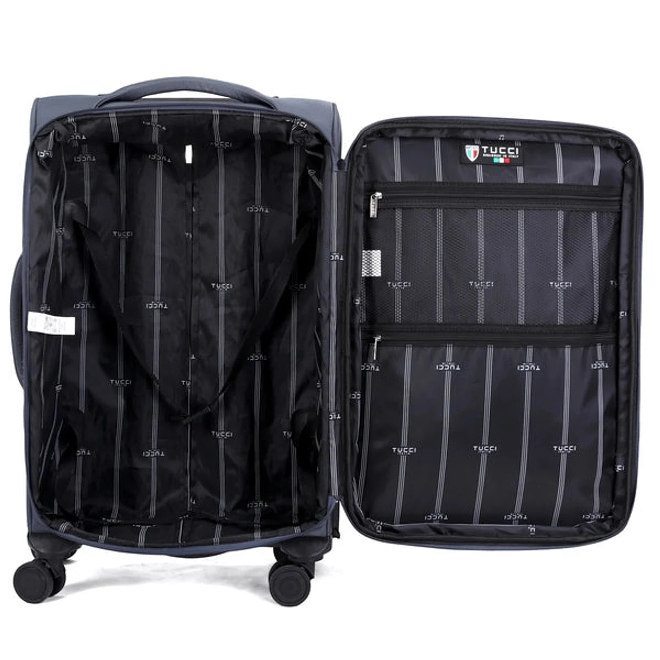 פנים מזוודת TUCCI LEGGERO פתוחה עם בטנה מעוצבת, מחיצה פנימית ברוכסן וכיסי רשת לסידור ציוד נוח