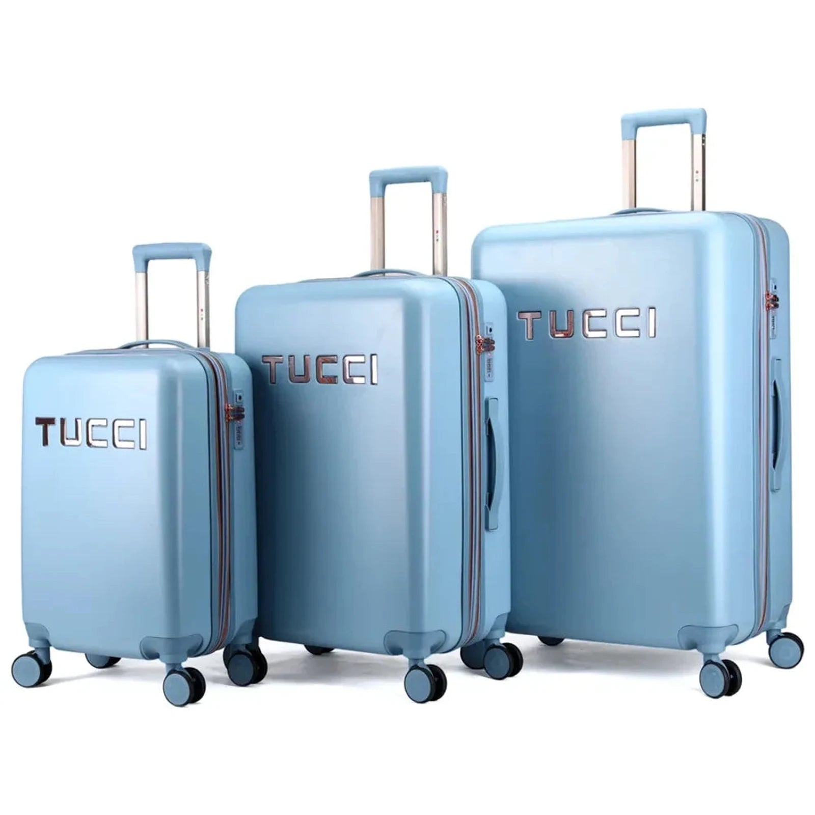סט שלוש מזוודות קשיחות מתרחבות TUCCI דגם RECCOLTO בצבע תכלת, עיצוב איטלקי עם מנעול TSA וגלגלי ספינר, מבט תלת רבעי