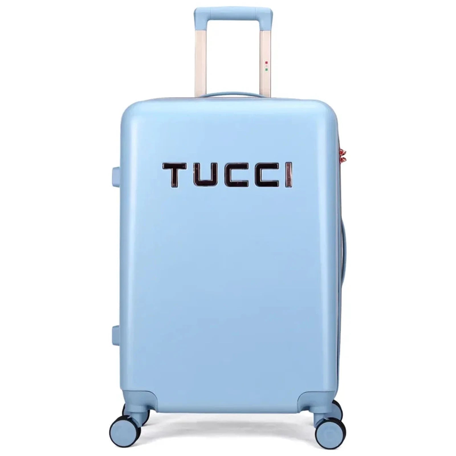 מזוודה קשיחה מתרחבת TUCCI דגם RECCOLTO בצבע תכלת עם לוגו, מרקם מוברש עמוק ומנעול TSA, מבט מלפנים
