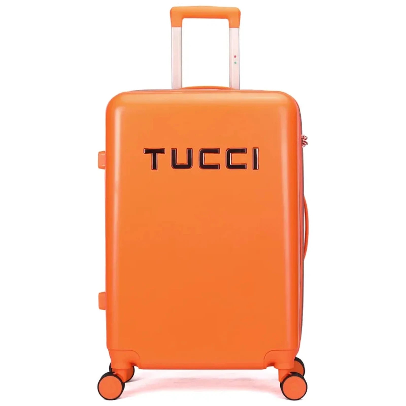 מזוודה קשיחה מתרחבת TUCCI דגם RECCOLTO בצבע כתום עם לוגו, מרקם מוברש עמוק ומנעול TSA, מבט מלפנים