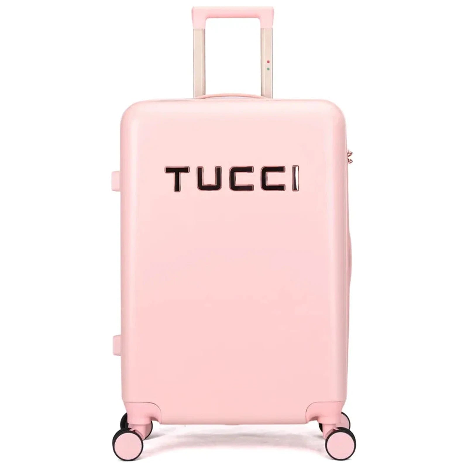 מזוודה קשיחה מתרחבת TUCCI דגם RECCOLTO בצבע ורוד עם לוגו, מרקם מוברש עמוק ומנעול TSA, מבט מלפנים