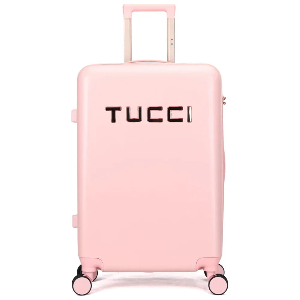 מזוודה קשיחה מתרחבת TUCCI דגם RECCOLTO בצבע ורוד עם לוגו, מרקם מוברש עמוק ומנעול TSA, מבט מלפנים