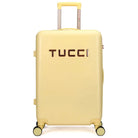 מזוודה קשיחה מתרחבת TUCCI דגם RECCOLTO בצבע צהוב עם לוגו, מרקם מוברש עמוק ומנעול TSA, מבט מלפנים