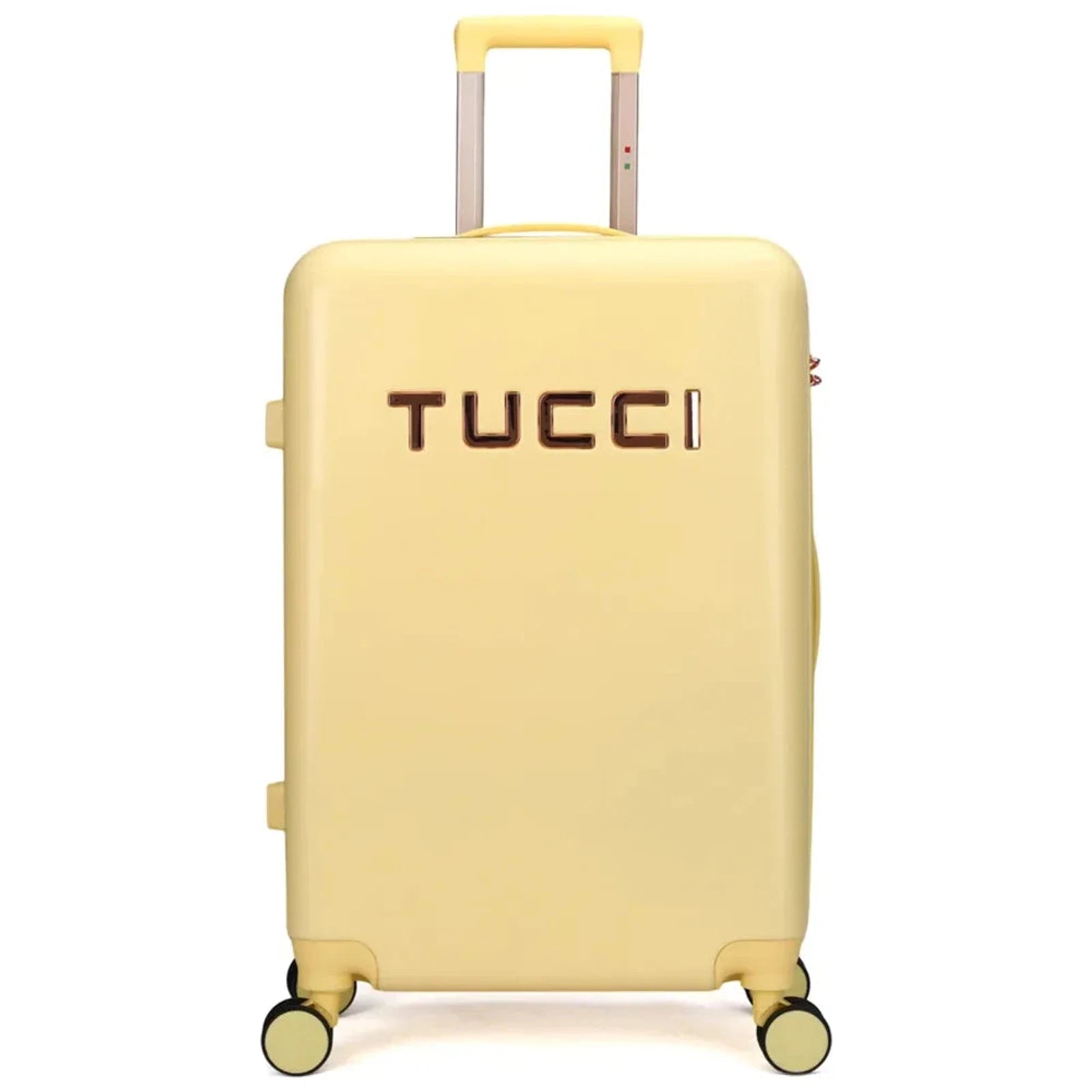 מזוודה קשיחה מתרחבת TUCCI דגם RECCOLTO בצבע צהוב עם לוגו, מרקם מוברש עמוק ומנעול TSA, מבט מלפנים