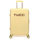 מזוודה קשיחה מתרחבת TUCCI דגם RECCOLTO בצבע צהוב עם לוגו, מרקם מוברש עמוק ומנעול TSA, מבט מלפנים