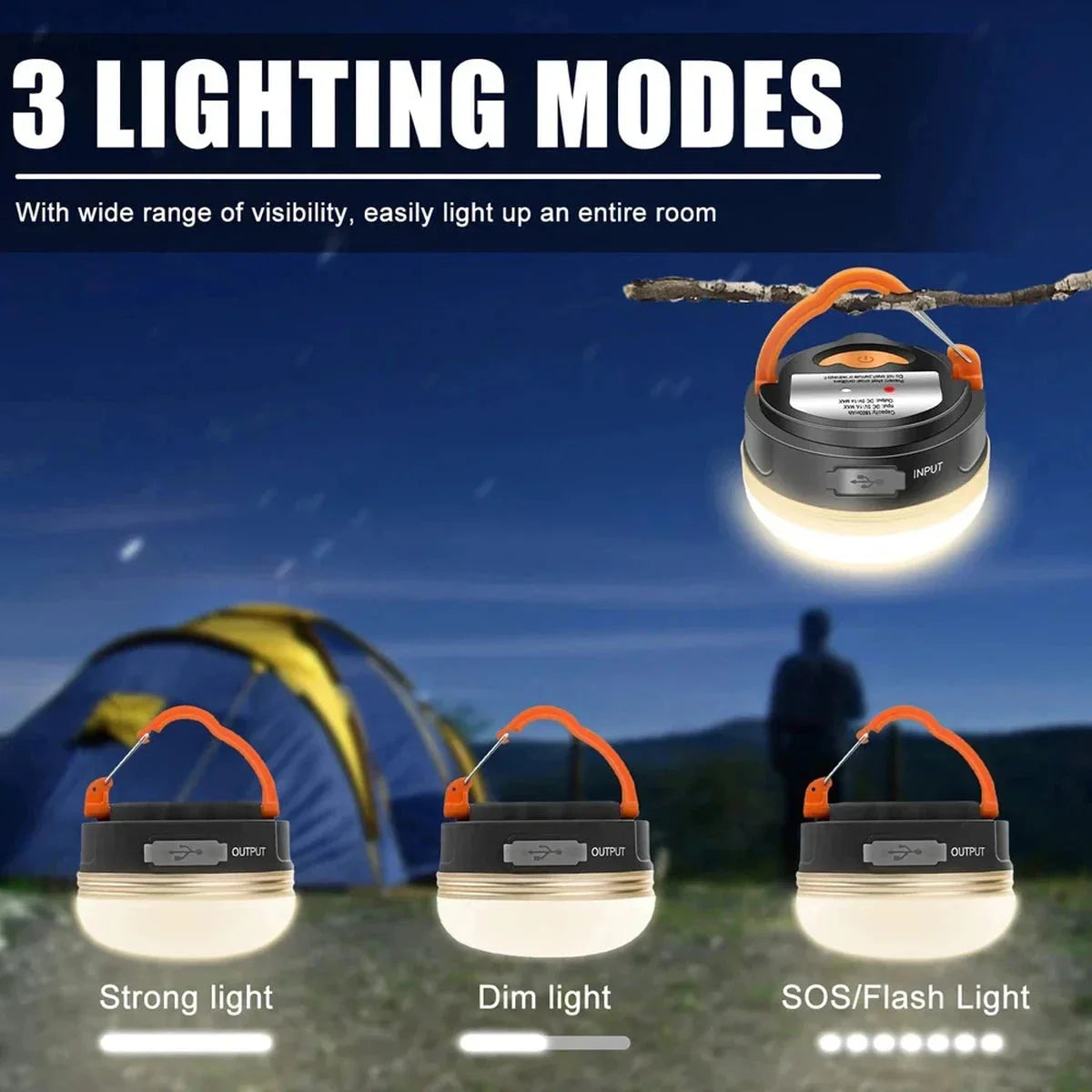 פנס קמפינג נטען Widesea Outdoor Pro עם שלושה מצבי תאורה: חזק, עמום ומהבהב חירום, מוצג על רקע אוהל לילה