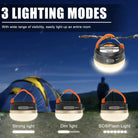 פנס קמפינג נטען Widesea Outdoor Pro עם שלושה מצבי תאורה: חזק, עמום ומהבהב חירום, מוצג על רקע אוהל לילה