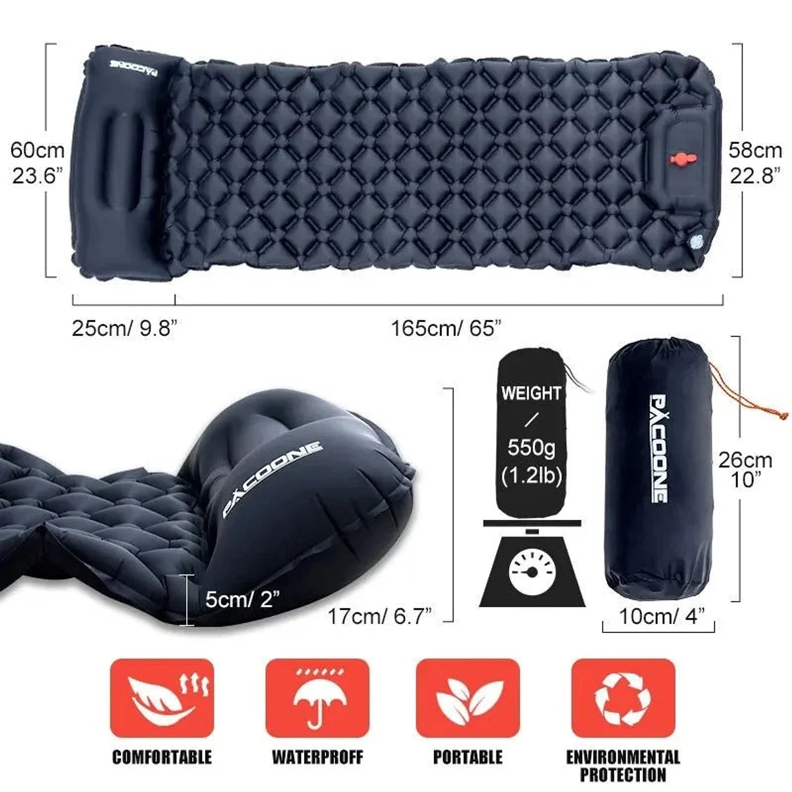 מזרון קמפינג מתנפח WIDESEA  מידות 190x60 ס"מ, משקל 550 גרם, עמיד במים ונוח לנשיאה