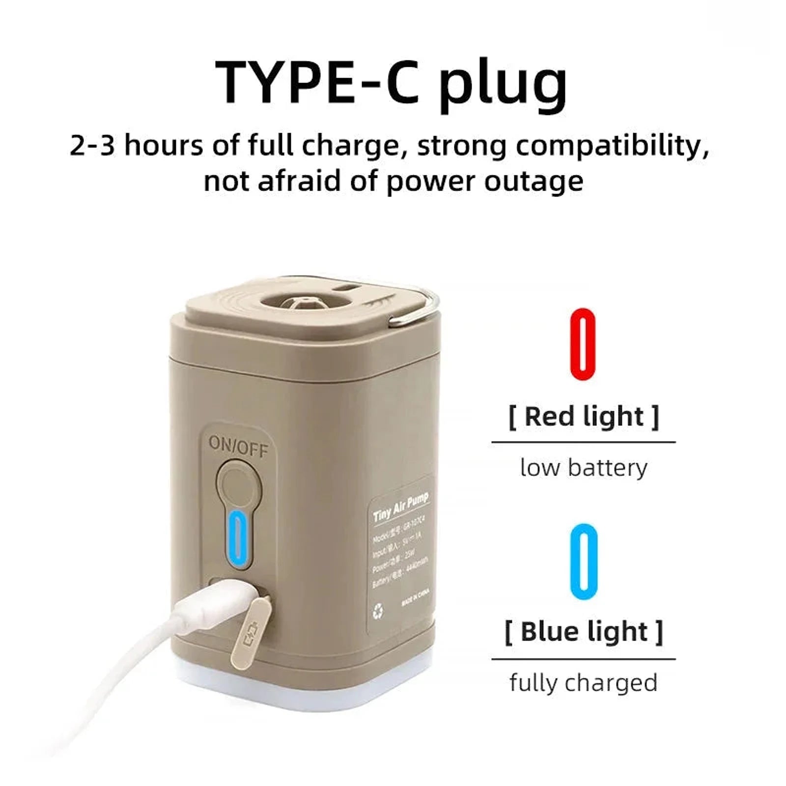 משאבת אוויר ניידת WIDESEA בטעינת USB Type-C עם נורית חיווי סוללה אדומה לחלשה וכחולה לטעינה מלאה